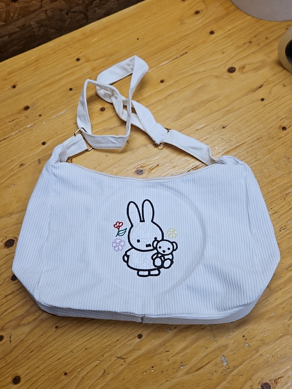 White Corduroy Bunny Shoulder Bag with Embroidered Character